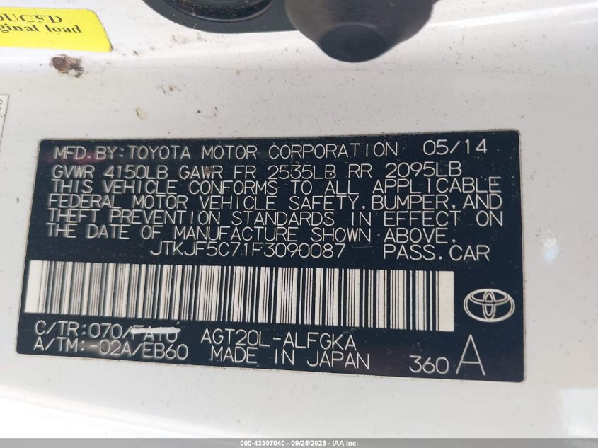 2015 Scion Tc VIN: JTKJF5C71F3090087 Lot: 43307040