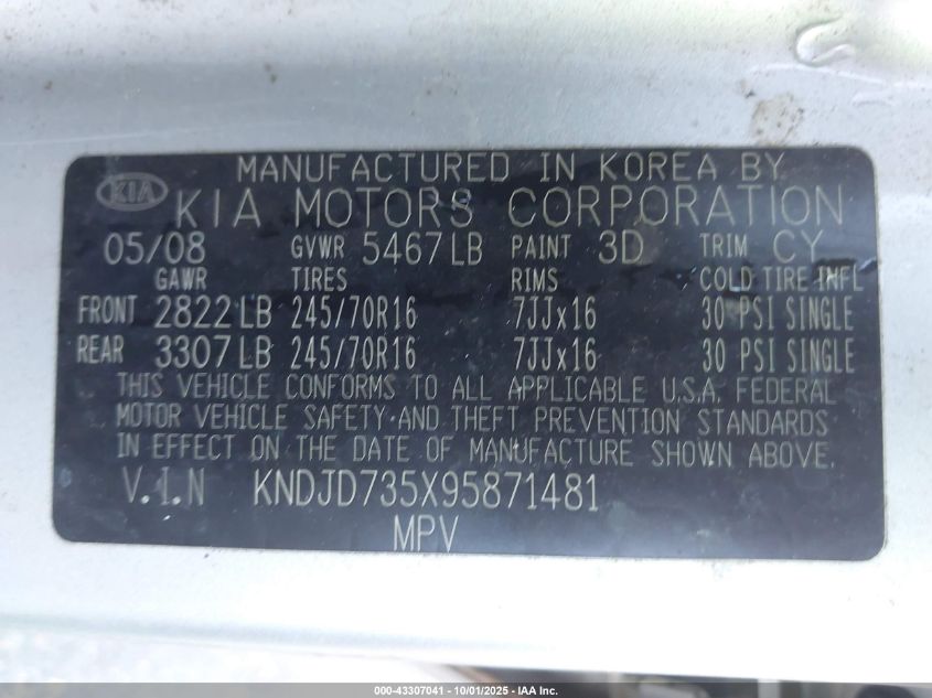 2009 Kia Sorento Lx VIN: KNDJD735X95871481 Lot: 43307041