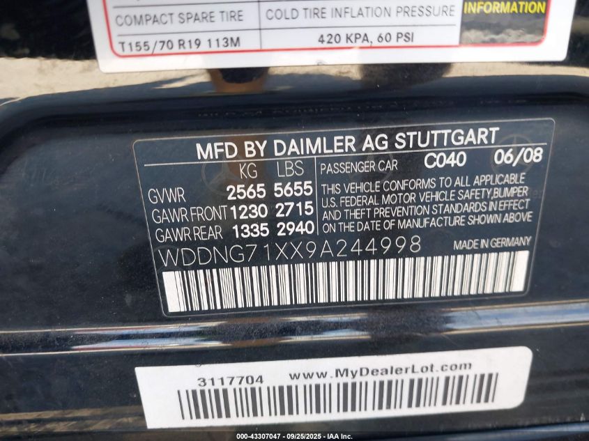 2009 Mercedes-Benz S 550 VIN: WDDNG71XX9A244998 Lot: 43307047