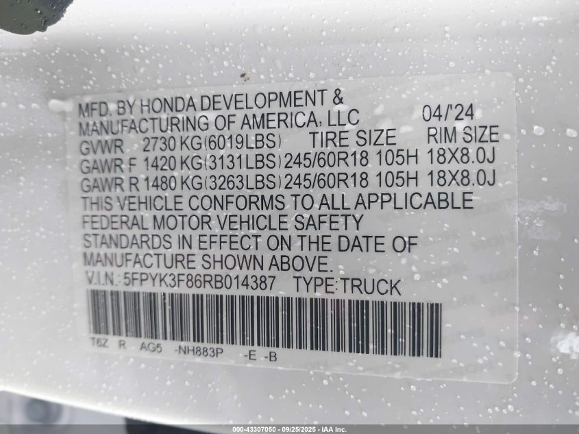 2024 Honda Ridgeline Black Edition VIN: 5FPYK3F86RB014387 Lot: 43307050
