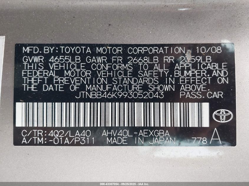 2009 Toyota Camry Hybrid VIN: JTNBB46K993052043 Lot: 43307054