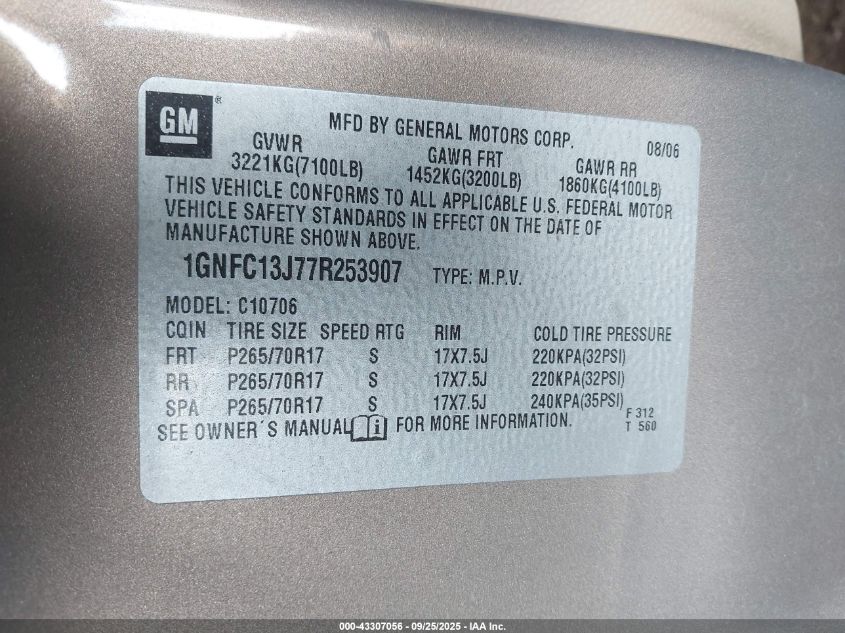 2007 Chevrolet Tahoe Lt VIN: 1GNFC13J77R253907 Lot: 43307056