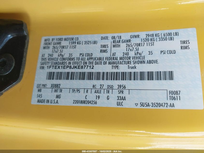 2018 Ford F-150 Xlt VIN: 1FTEX1EP8JKE87712 Lot: 43307057