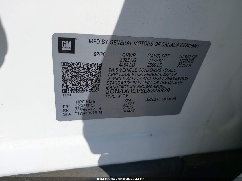 2020 Chevrolet Equinox Fwd Ls VIN: 2GNAXHEV6L6228929 Lot: 43307062