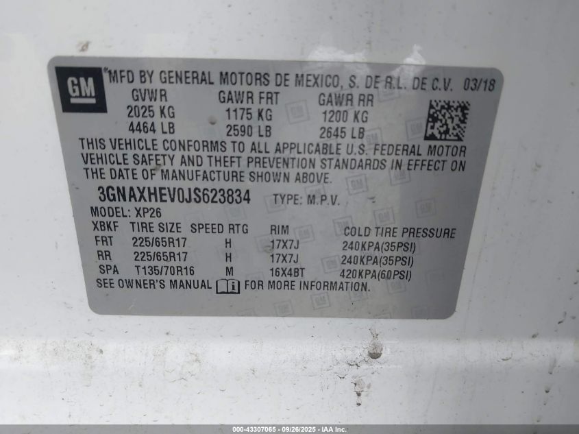 2018 Chevrolet Equinox Ls VIN: 3GNAXHEV0JS623834 Lot: 43307065