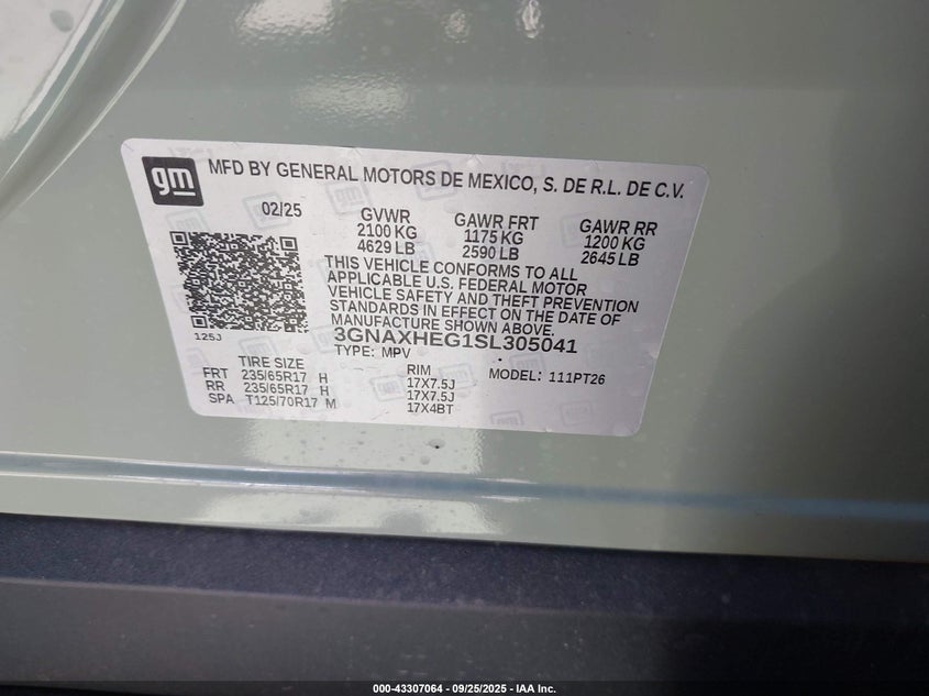 2025 Chevrolet Equinox Fwd Lt VIN: 3GNAXHEG1SL305041 Lot: 43307064
