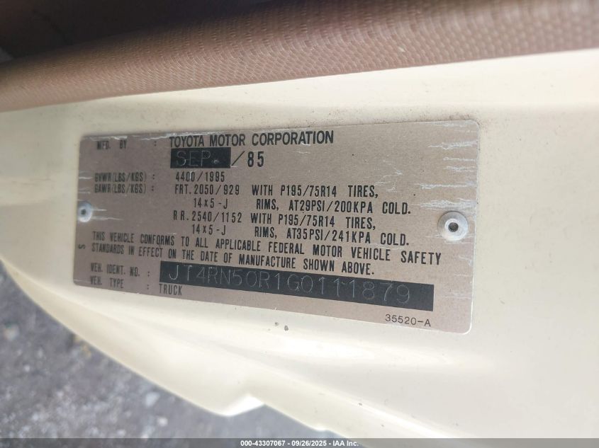 1986 Toyota Pickup 1/2 Ton Rn50 VIN: JT4RN50R1G0111879 Lot: 43307067