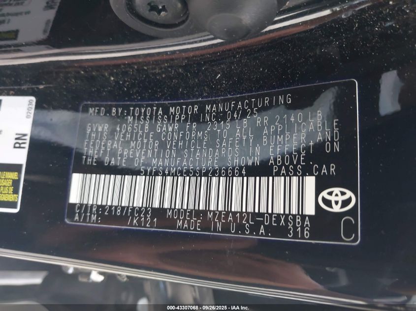 2025 Toyota Corolla Se VIN: 5YFS4MCE5SP236664 Lot: 43307068