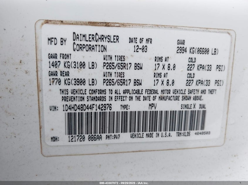 2004 Dodge Durango Slt VIN: 1D4HD48D44F142976 Lot: 43307072