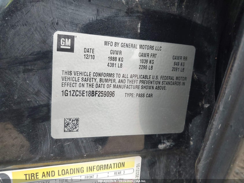 2011 Chevrolet Malibu 1Lt VIN: 1G1ZC5E18BF259096 Lot: 43307075