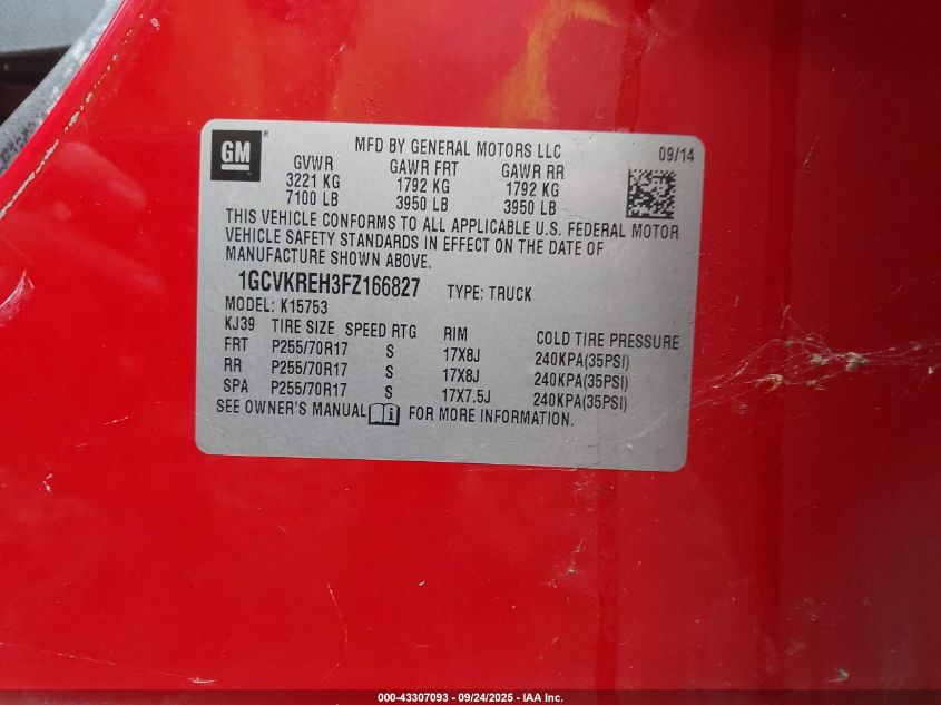2015 Chevrolet Silverado 1500 1Lt VIN: 1GCVKREH3FZ166827 Lot: 43307093