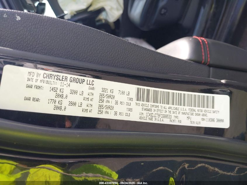 2015 Dodge Durango R/T VIN: 1C4SDJCT9FC688533 Lot: 43307094