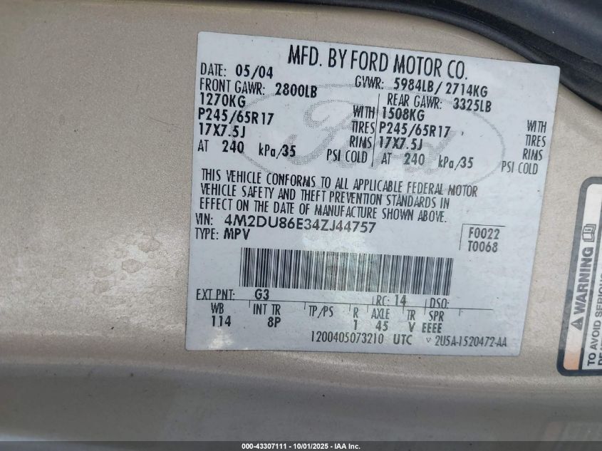 2004 Mercury Mountaineer VIN: 4M2DU86E34ZJ44757 Lot: 43307111