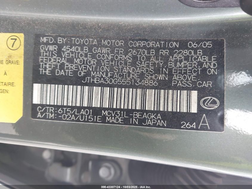 2005 Lexus Es 330 VIN: JTHBA30G555134886 Lot: 43307124