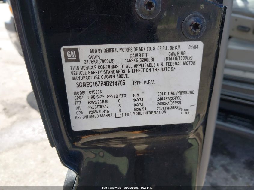 2004 Chevrolet Suburban 1500 Lt VIN: 3GNEC16Z84G214705 Lot: 43307130