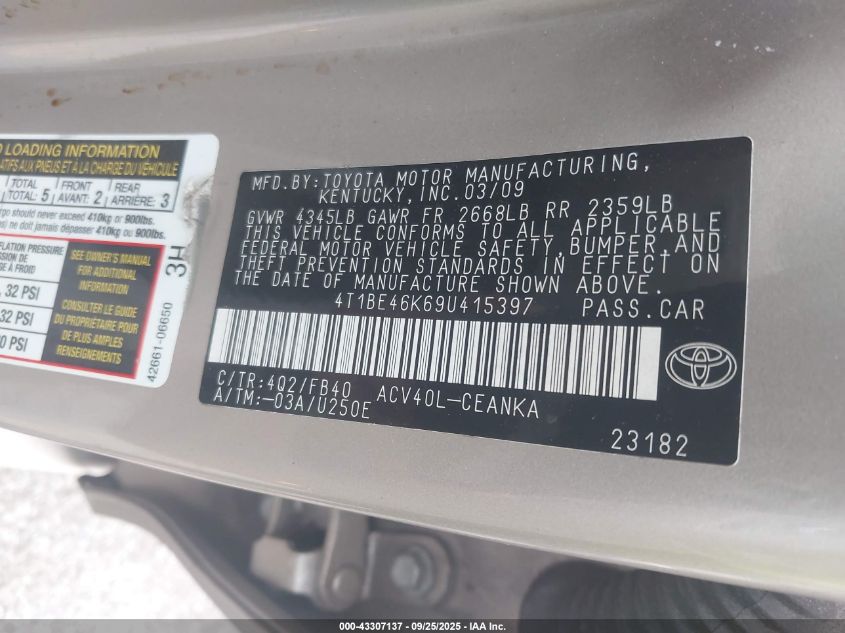 2009 Toyota Camry VIN: 4T1BE46K69U415397 Lot: 43307137