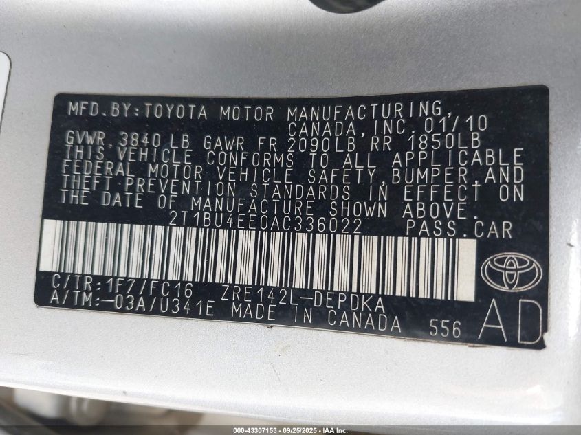 2010 Toyota Corolla Le VIN: 2T1BU4EE0AC336022 Lot: 43307153