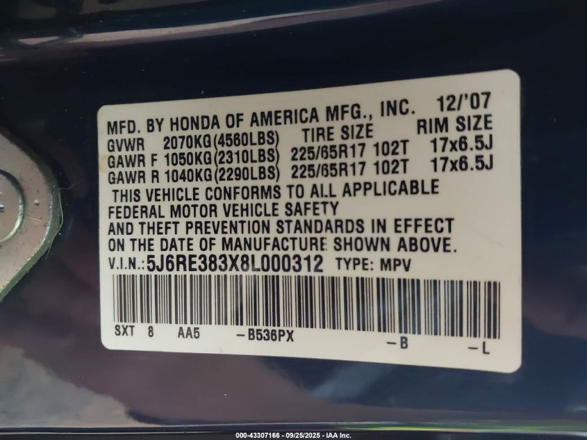 2008 Honda Cr-V Lx VIN: 5J6RE383X8L000312 Lot: 43307166