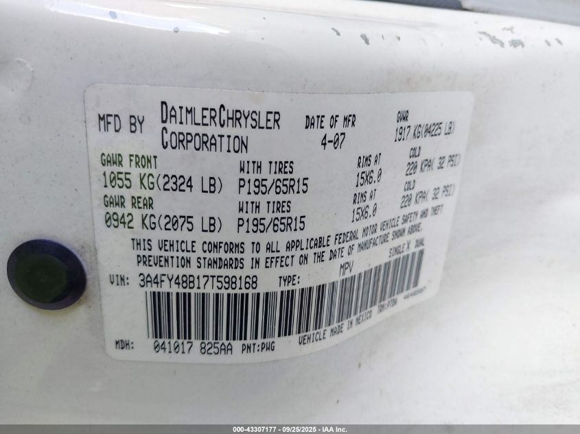 2007 Chrysler Pt Cruiser VIN: 3A4FY48B17T598168 Lot: 43307177