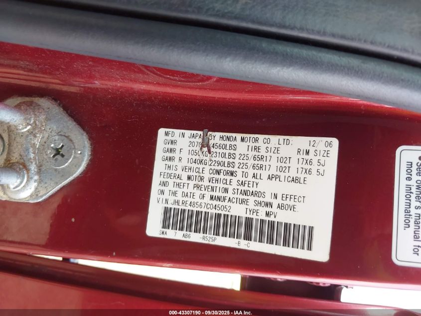 2007 Honda Cr-V Ex VIN: JHLRE48567C045052 Lot: 43307190