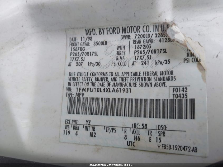 1999 Ford Expedition Eddie Bauer/Xlt VIN: 1FMPU18L4XLA61931 Lot: 43307204