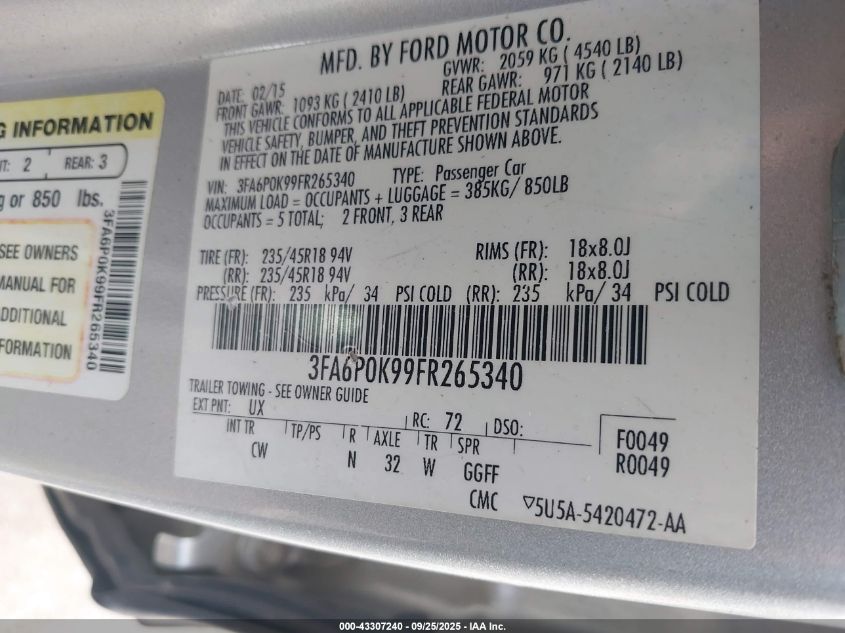 2015 Ford Fusion Titanium VIN: 3FA6P0K99FR265340 Lot: 43307240