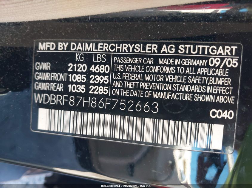 2006 Mercedes-Benz C 350 Luxury 4Matic VIN: WDBRF87H86F752663 Lot: 43307244