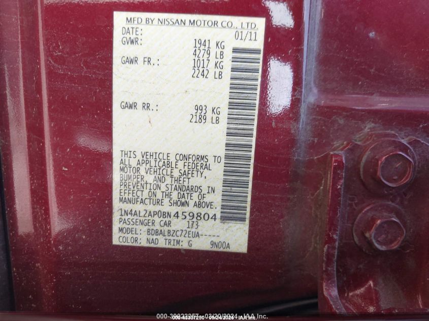 2011 Nissan Altima 2.5 S VIN: 1N4AL2AP0BN459804 Lot: 43307250