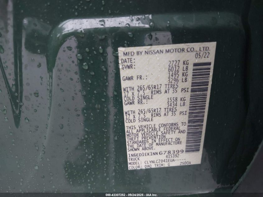 2022 Nissan Frontier Sv 4X4 VIN: 1N6ED1EK1NN678399 Lot: 43307252