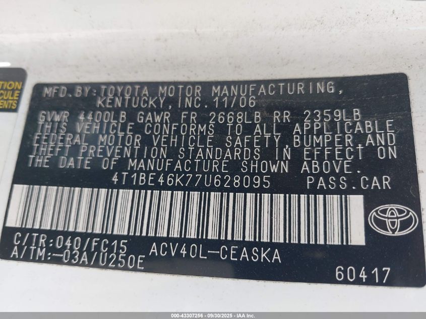 2007 Toyota Camry Se VIN: 4T1BE46K77U628095 Lot: 43307256