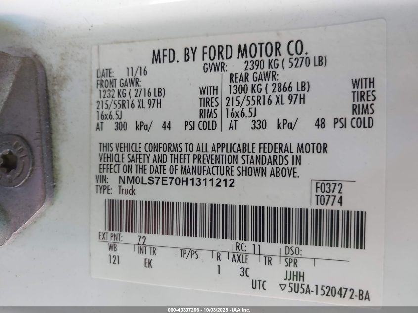 2017 Ford Transit Connect Xl VIN: NM0LS7E70H1311212 Lot: 43307266