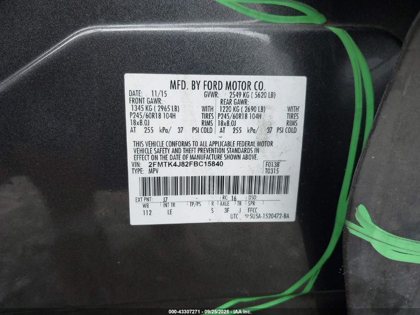 2015 Ford Edge Sel VIN: 2FMTK4J82FBC15840 Lot: 43307271