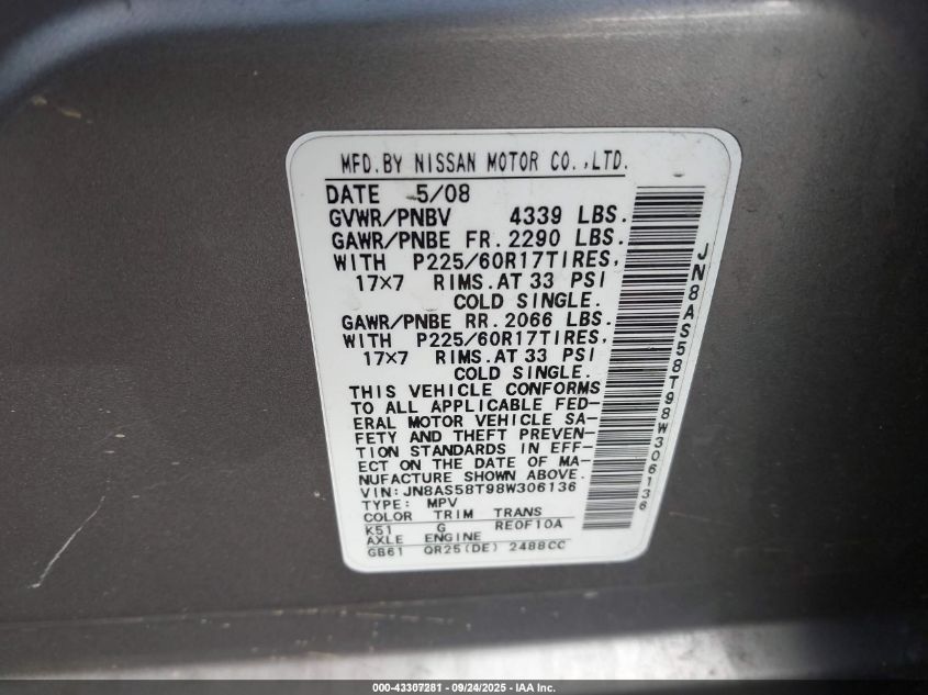 2008 Nissan Rogue Sl VIN: JN8AS58T98W306136 Lot: 43307281