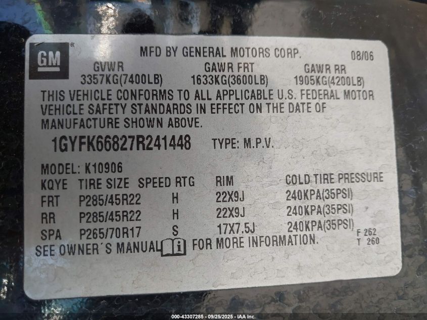 2007 Cadillac Escalade Esv Standard VIN: 1GYFK66827R241448 Lot: 43307285