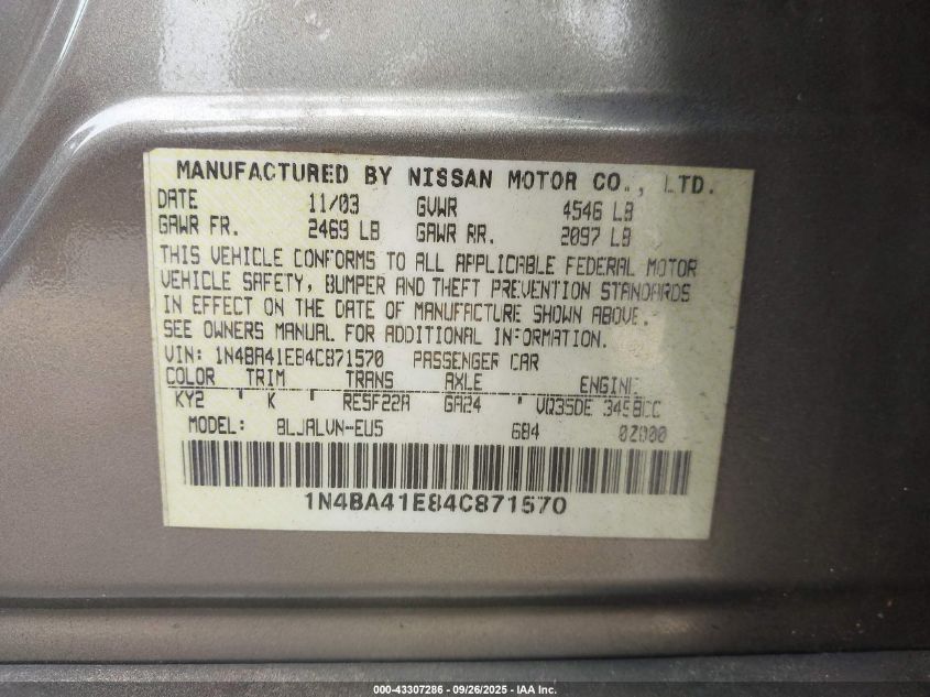 2004 Nissan Maxima 3.5 Se VIN: 1N4BA41E84C871570 Lot: 43307286