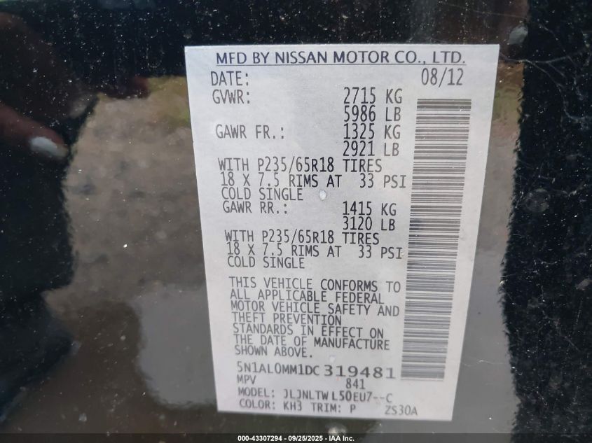 2013 Infiniti Jx35 VIN: 5N1AL0MM1DC319481 Lot: 43307294