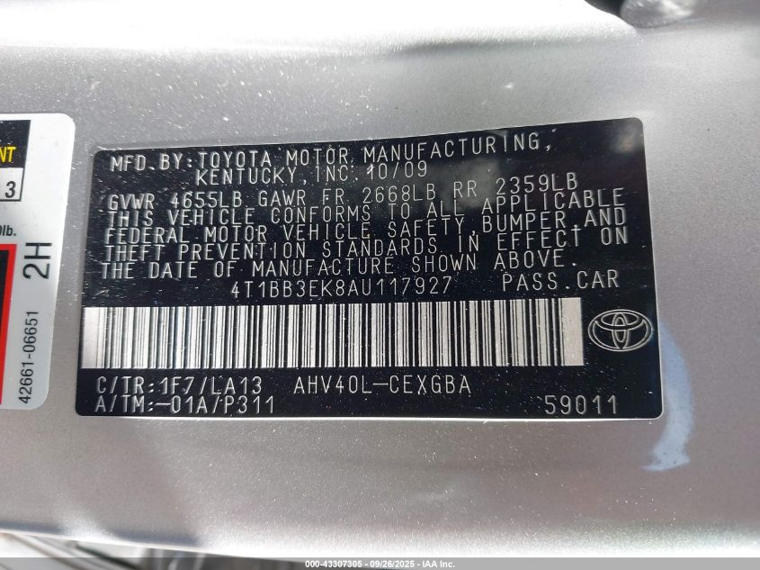 2010 Toyota Camry Hybrid VIN: 4T1BB3EK8AU117927 Lot: 43307305