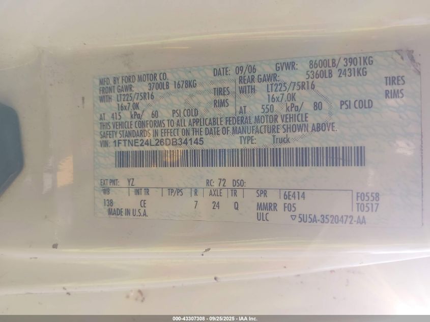 2006 Ford E-250 Commercial/Recreational VIN: 1FTNE24L26DB34145 Lot: 43307308