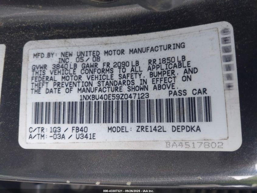 2009 Toyota Corolla Le VIN: 1NXBU40E59Z047123 Lot: 43307321