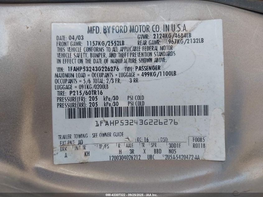 2003 Ford Taurus Se VIN: 1FAHP53243G226276 Lot: 43307322