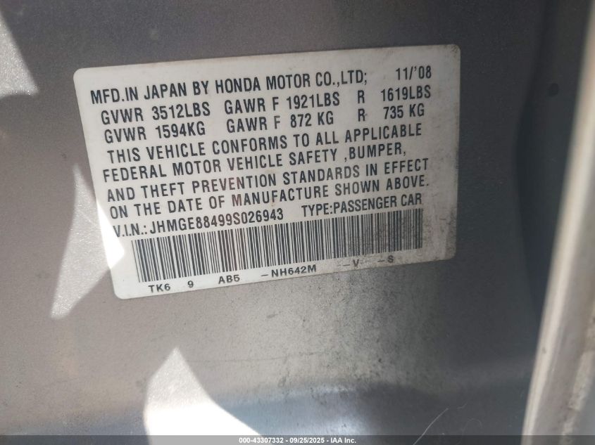 2009 Honda Fit Sport VIN: JHMGE88499S026943 Lot: 43307332