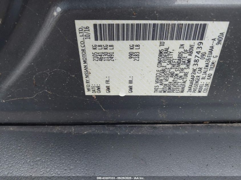 2017 Nissan Maxima 3.5 Sl VIN: 1N4AA6AP2HC387439 Lot: 43307333