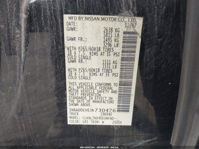 2018 Nissan Frontier Sv VIN: 1N6AD0EV6JN730476 Lot: 43307341