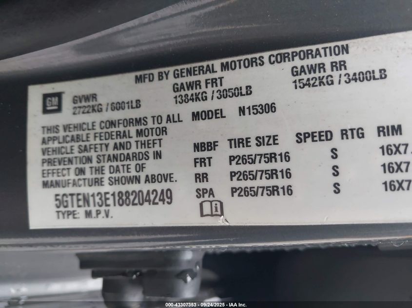 2008 Hummer H3 Suv VIN: 5GTEN13E188204249 Lot: 43307353