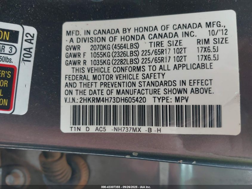 2013 Honda Cr-V Ex-L VIN: 2HKRM4H73DH605420 Lot: 43307355