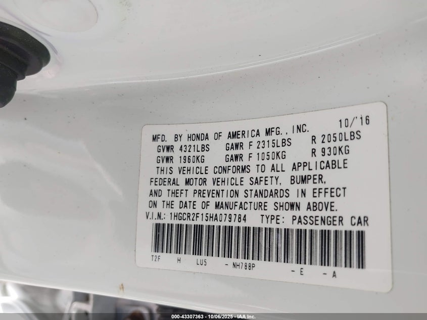 2017 Honda Accord Sport Se VIN: 1HGCR2F15HA079784 Lot: 43307363