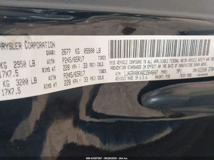 2006 Jeep Grand Cherokee Laredo VIN: 1J4GR48K46C264647 Lot: 43307367