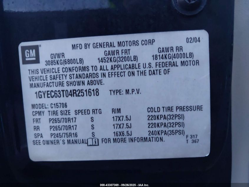 2004 Cadillac Escalade Standard VIN: 1GYEC63T04R251618 Lot: 43307369