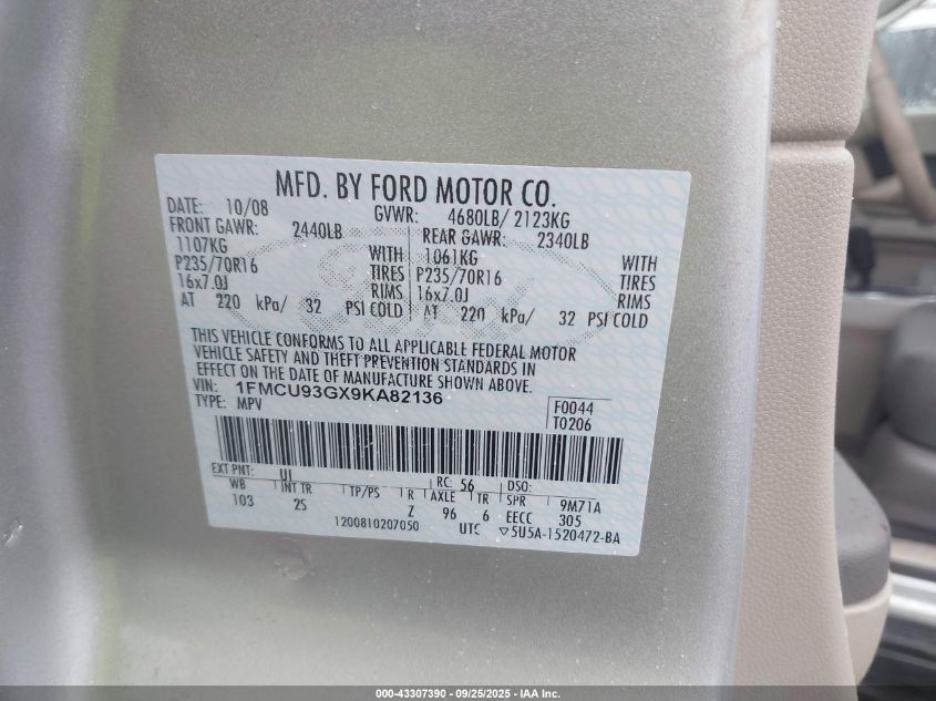 2009 Ford Escape Xlt VIN: 1FMCU93GX9KA82136 Lot: 43307390