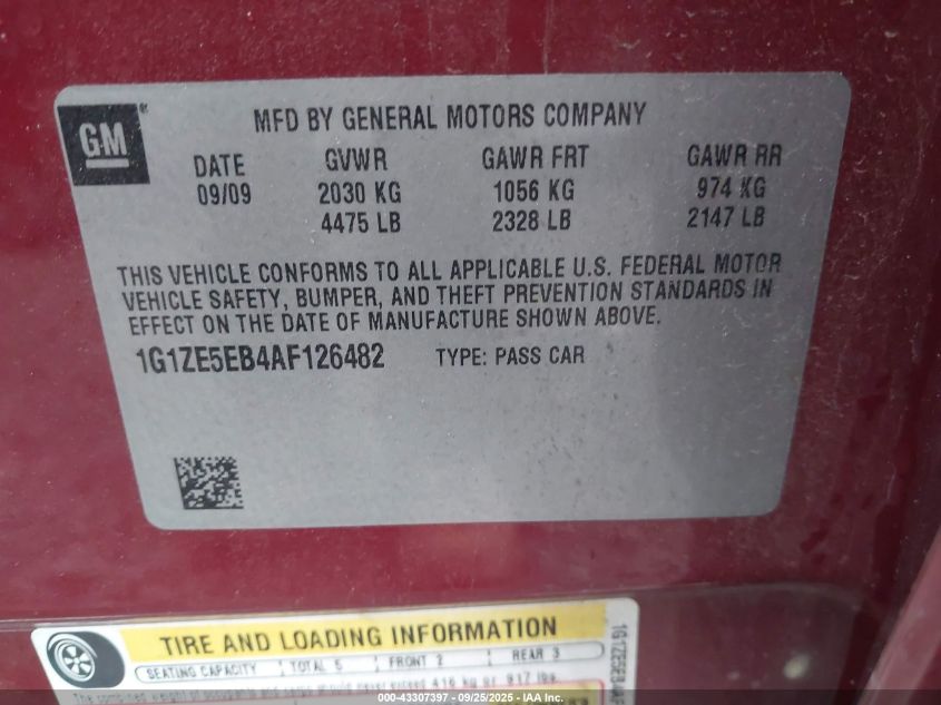 2010 Chevrolet Malibu Ltz VIN: 1G1ZE5EB4AF126482 Lot: 43307397